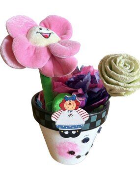 Handpainted Snowman Pot With Plush Pink Flower & Faux Floral Accents 11" AS-IS